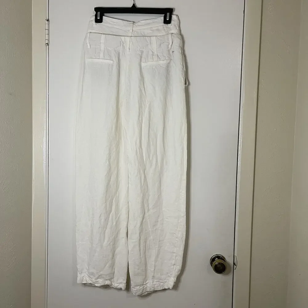 Zara Double Waistband linen blend off white ivory wide leg pants small